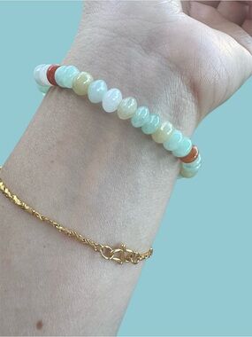 Jade Bead Stretch Bracelet in Pale Green, Cream & Coral - Jade